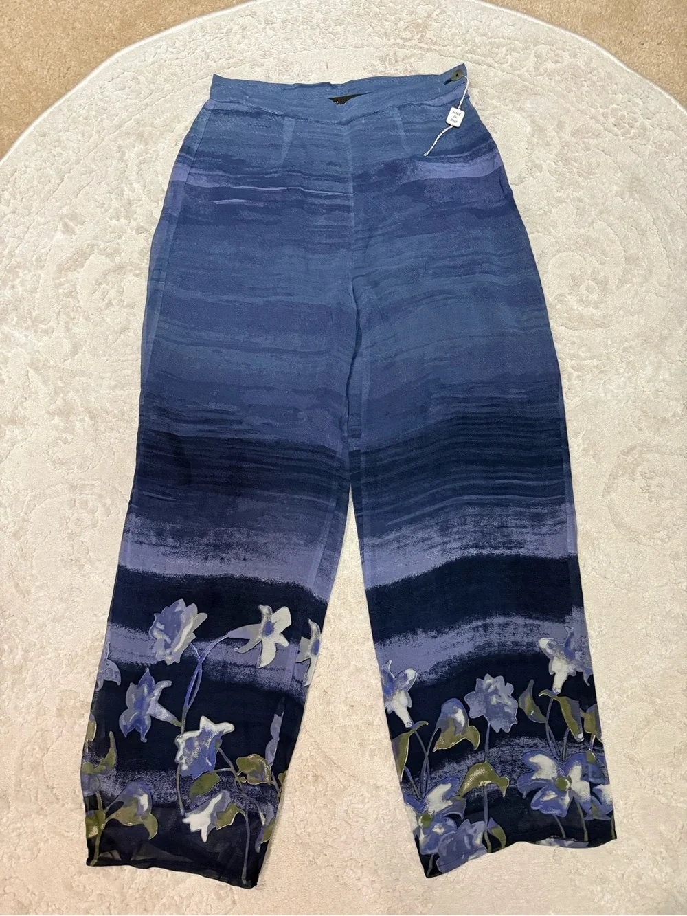 Templice Italy Blue Floral Abstract Viscose Wide Leg Pants Women’s 42 NWOT
